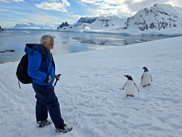 a man smiling at two gentoo penguins during an up-close encounter in Antarctica