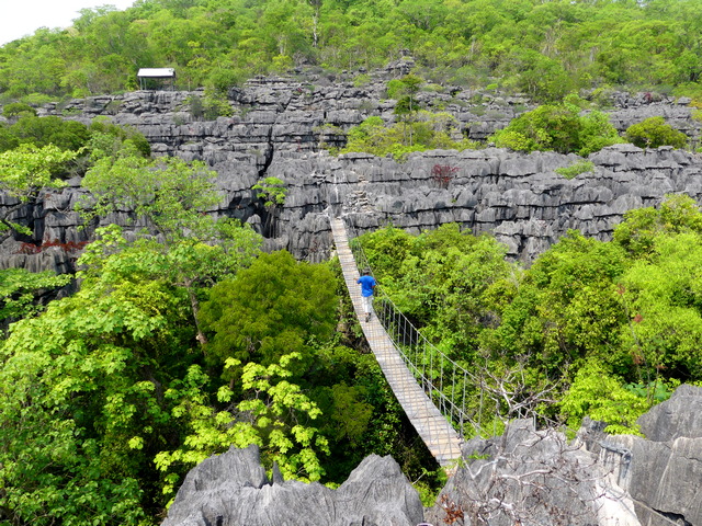 Tsingy in northern Madagascar, with a man crossing a suspension bridge between rock outcrops