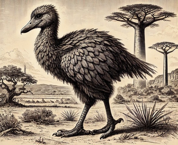 Chat GPT drawing of an ancient giant bird on Madagascar, with baobab trees behind it