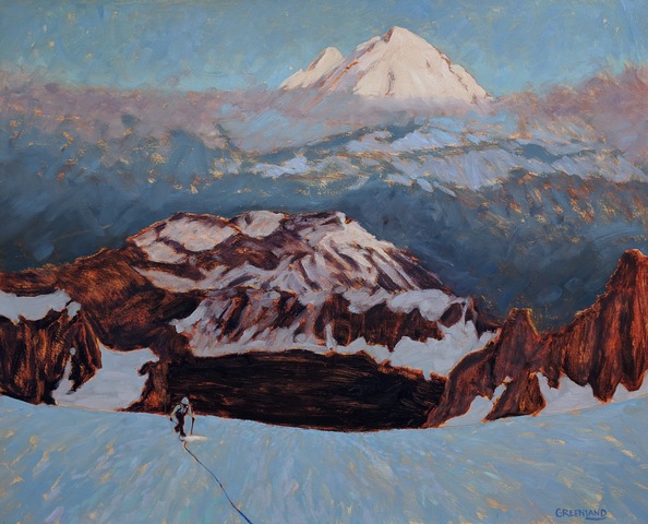 Painting showing roped climber ascending Mt Shuksan with Mt Baker in the background by artist Britt Greenland