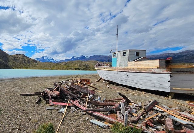 Estancia Cristina's historic steamship, Cristinita, on the shores of Lago Argentina in the heart of Los Glaciares National Park in the Patagonia region of Argentina