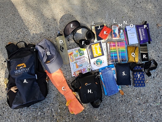 Carry-on bag for airplane with contents laid out next to it