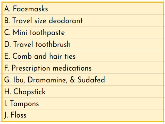 packing list of essential toiletries for long haul flight