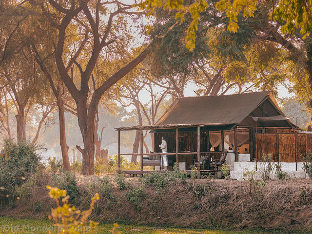 A person standing in their bathrobe just outside a luxurious safari tent in the morning fog surrounded by trees at Old Mondoro Camp, a luxury safari camp in the Lower Zambezi, Zambia