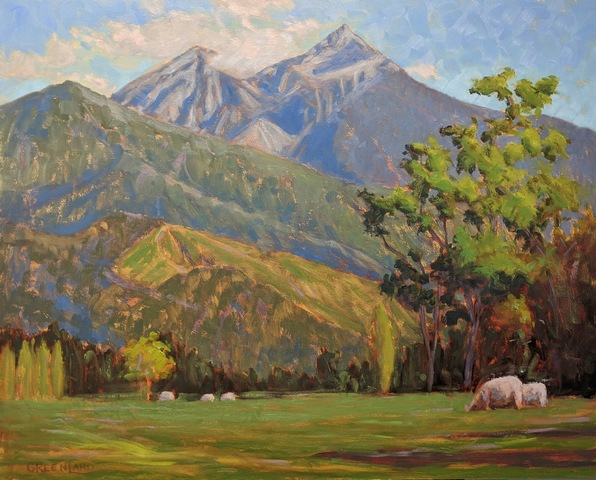 Painting of Southland New Zealand farmland and mountains by artist Britt Greenland