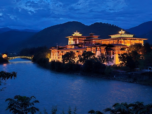 Punakha Dzong in Bhutan all lit up at night